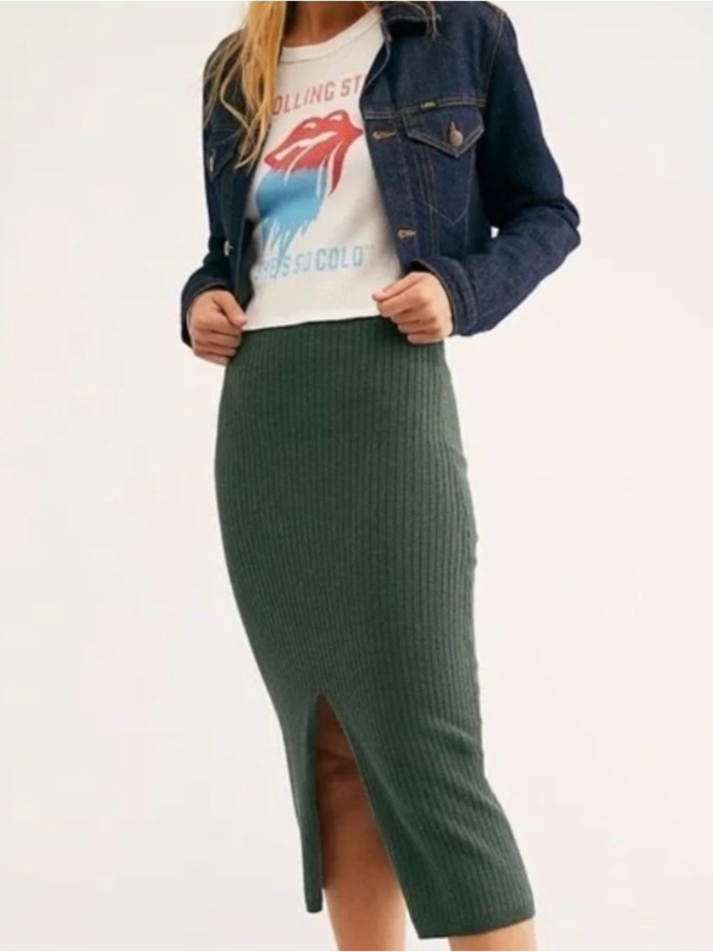 Free People Olive Ribbed Midi Skirt with Front Slit